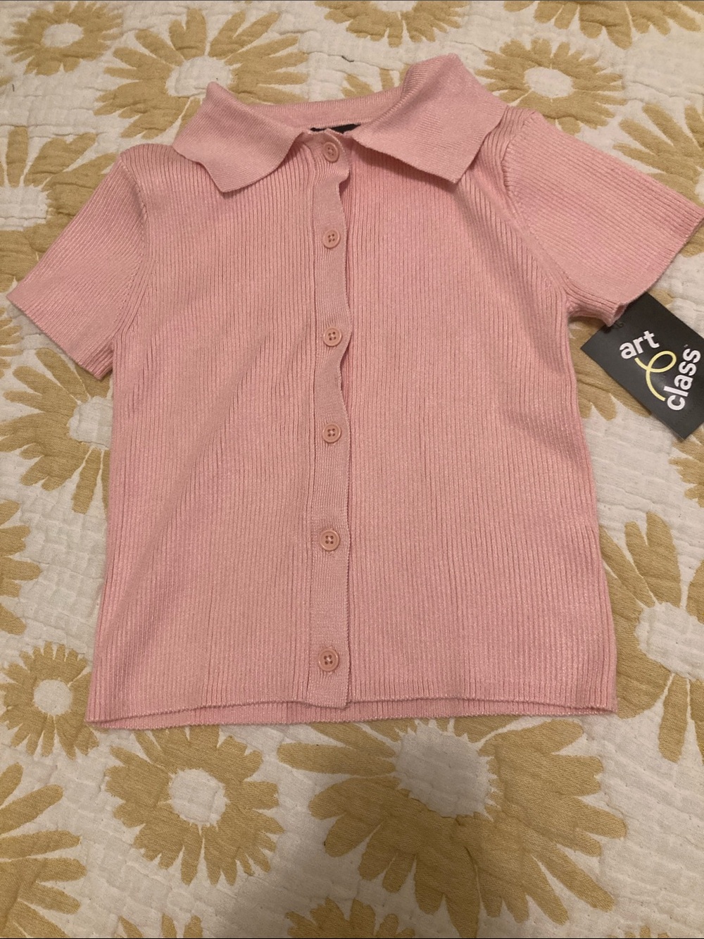 art class Light Pink Ribbed Button-Front Polo Shirt for Kids